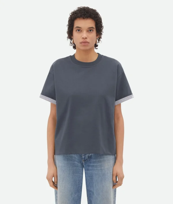 Bottega Veneta Double Layer Striped Cotton T-Shirt>Women Tops And T-Shirts