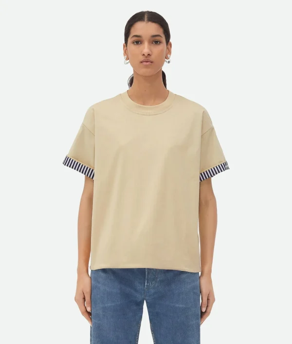 Bottega Veneta Double Layer Striped Cotton T-Shirt>Women Tops And T-Shirts