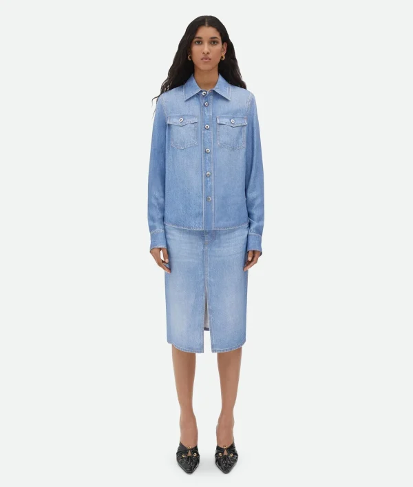 Bottega Veneta Printed Viscose And Silk Denim Shirt>Women Shirts